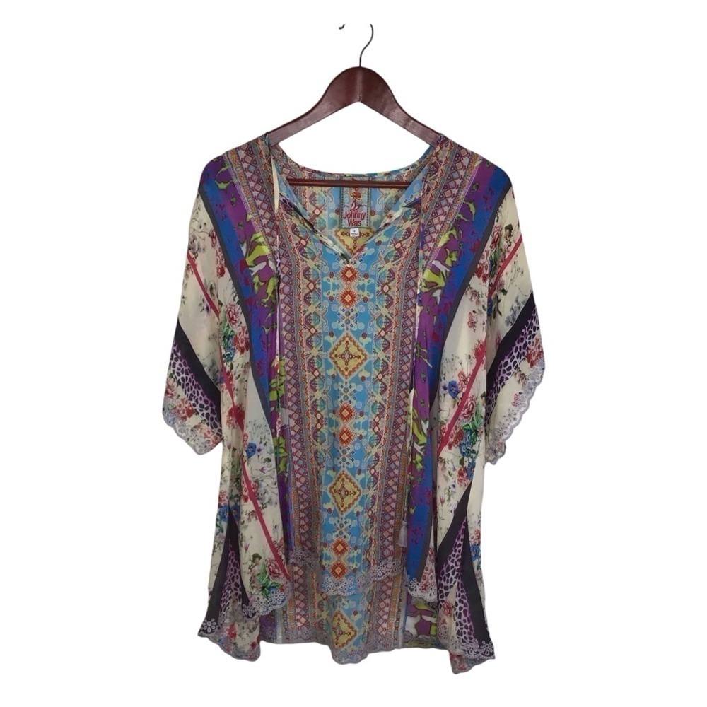 Johnny Was Floral Mixed Medai Split Neck Scallop Hem Georgette Blouse Size Small